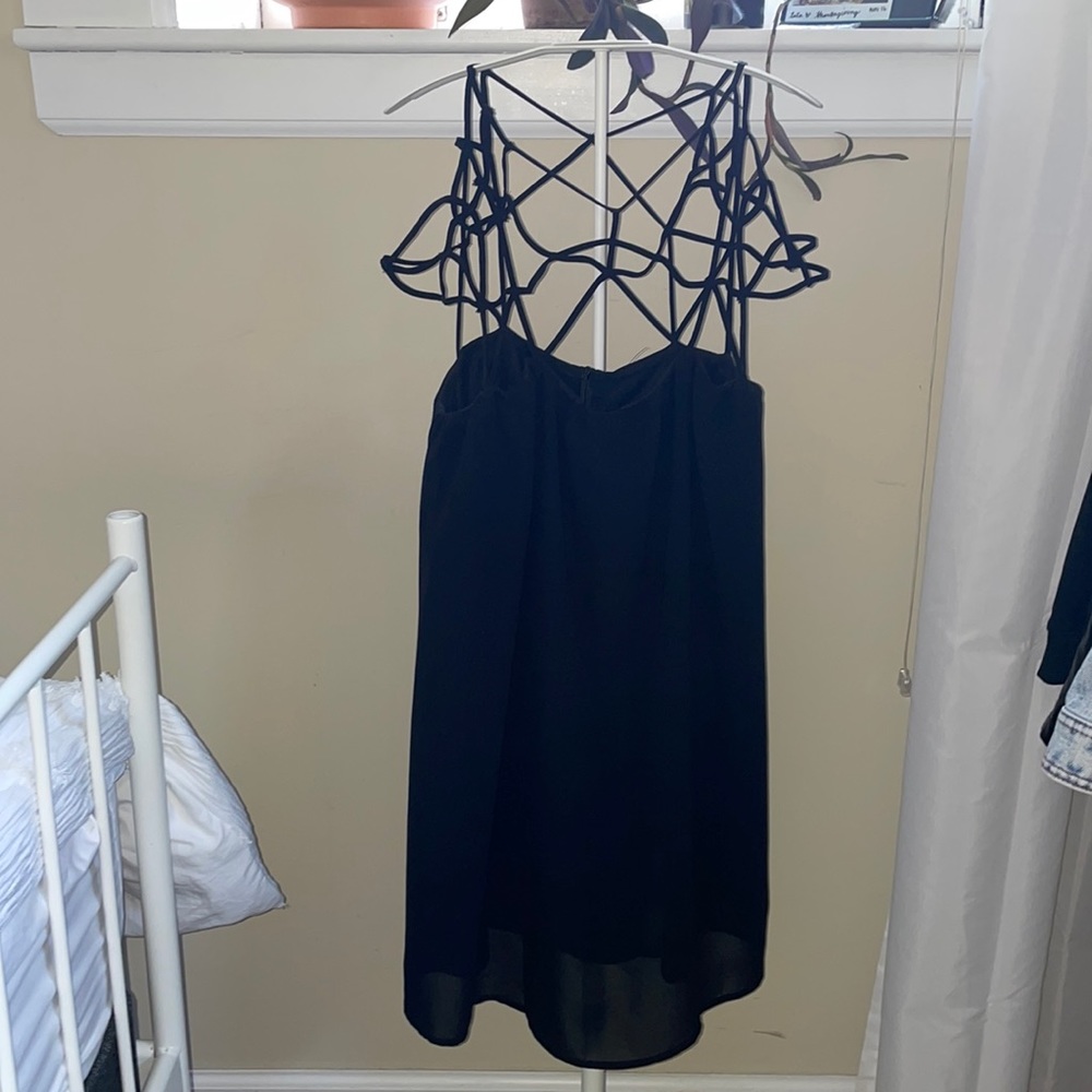 Black cocktail dress with mesh short sleeves